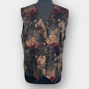 Laura II Women’s Tapestry Floral Vest V-Neck Button Front Lined Pointed Hem